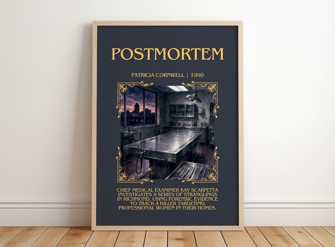 Postmortem Minimalist Book Poster by Patricia Cornwell – framed print leaning on a wooden floor