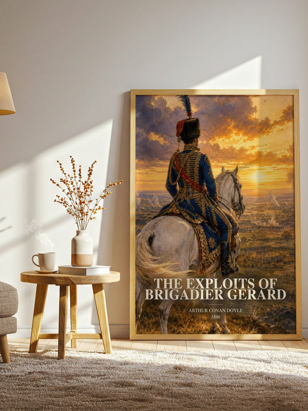 The Exploits Of Brigadier Gerard watercolour print in frame leaning in hallway – historical fiction wall art