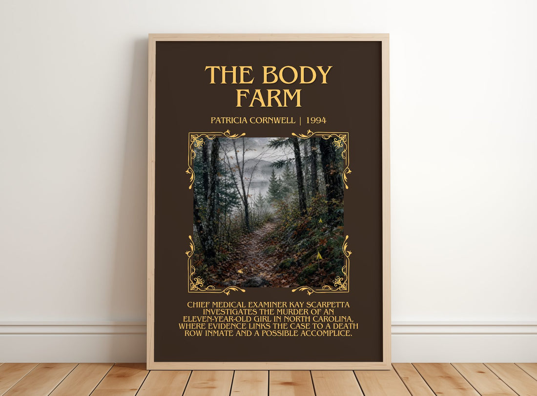 The Body Farm Minimalist Book Poster by Patricia Cornwell – framed print leaning on a wooden floor
