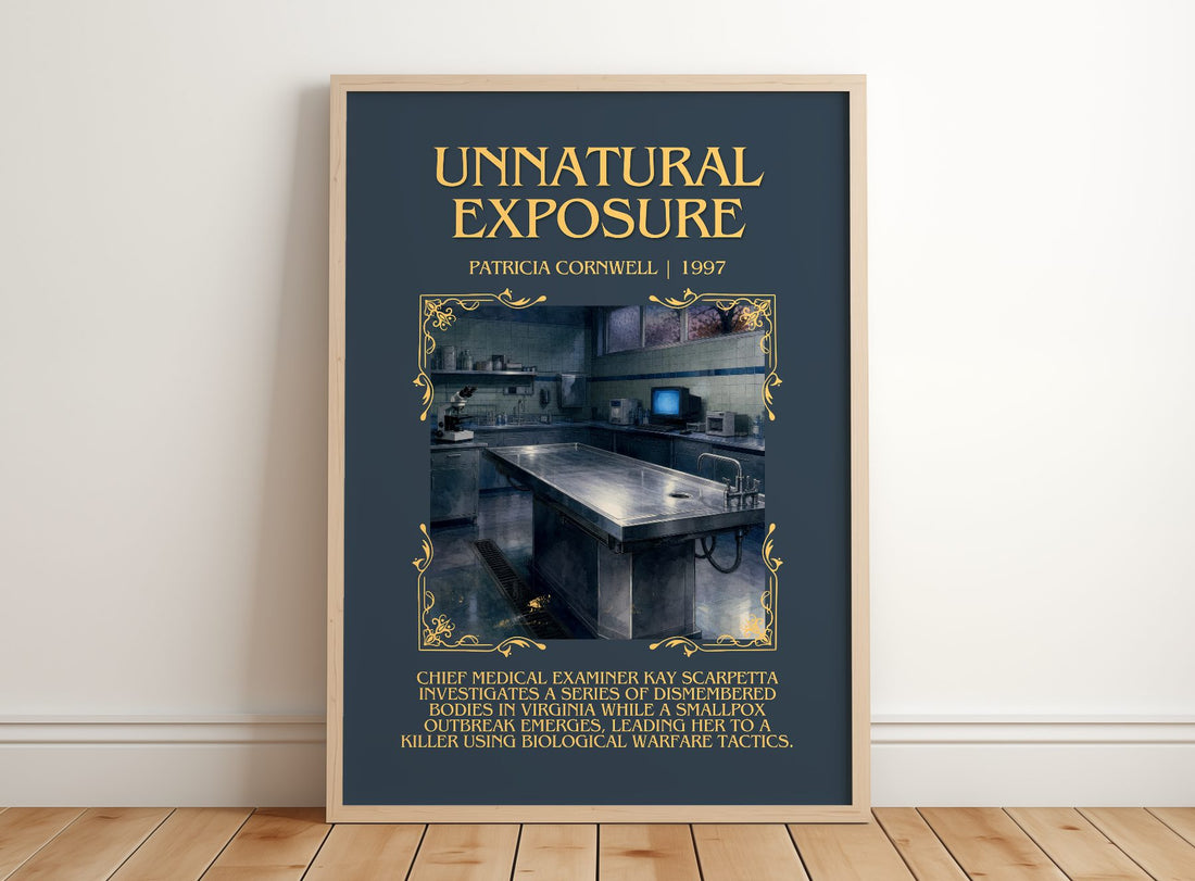Unnatural Exposure Minimalist Book Poster by Patricia Cornwell – framed print leaning on a wooden floor