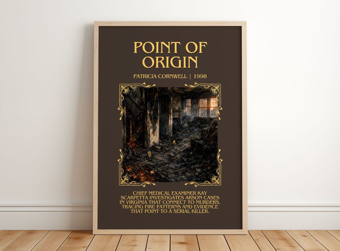 Point of Origin Minimalist Book Poster by Patricia Cornwell – framed print leaning on a wooden floor