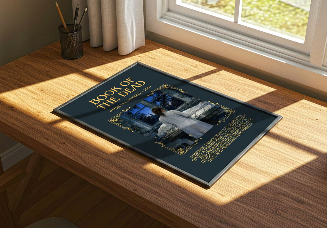 Book of the Dead Minimalist Book Poster by Patricia Cornwell – print on a sunlit desk
