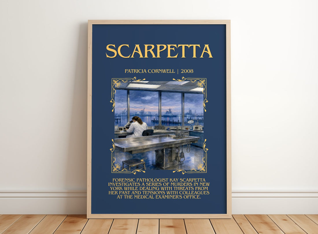 Scarpetta Minimalist Book Poster by Patricia Cornwell – framed print leaning on a wooden floor