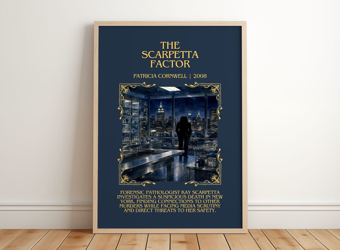 The Scarpetta Factor Minimalist Book Poster by Patricia Cornwell – framed print leaning on a wooden floor