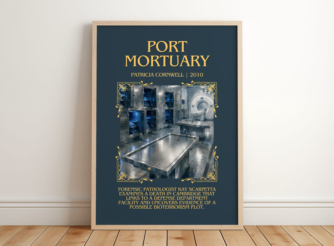 Port Mortuary Minimalist Book Poster by Patricia Cornwell – framed print leaning on a wooden floor