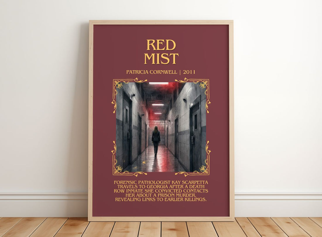 Red Mist Minimalist Book Poster by Patricia Cornwell – framed print leaning on a wooden floor