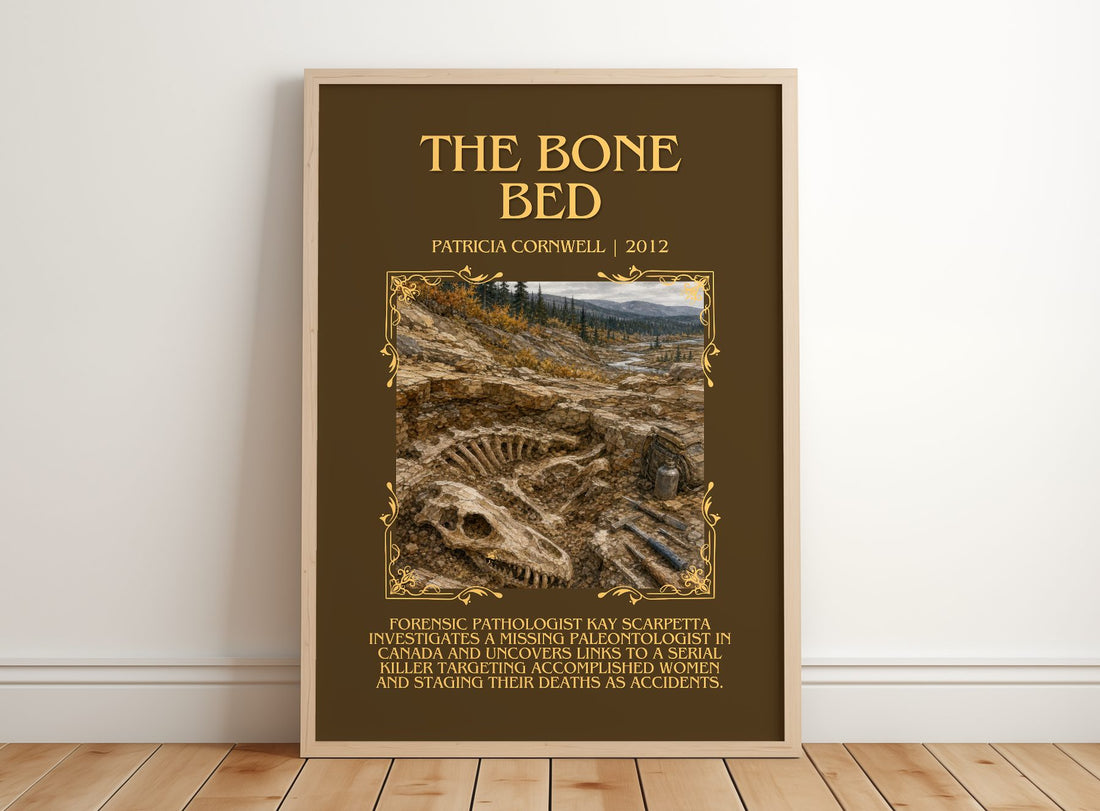 The Bone Bed Minimalist Book Poster by Patricia Cornwell – framed print leaning on a wooden floor