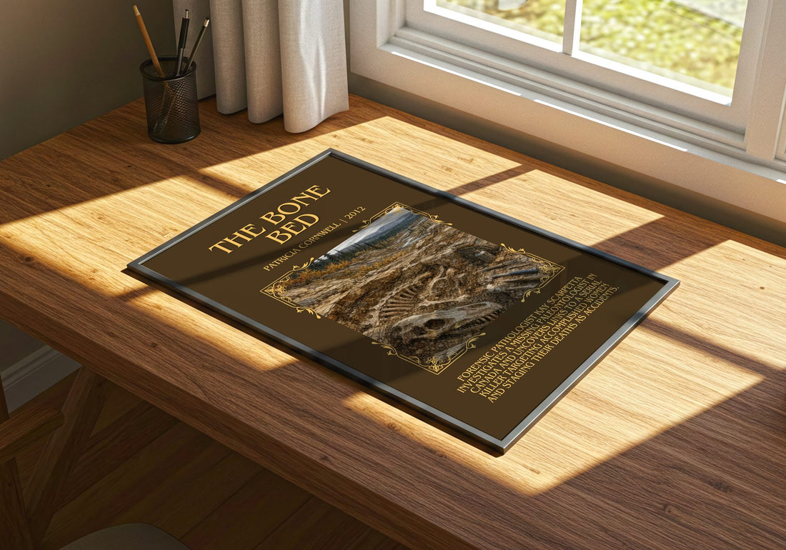 The Bone Bed Minimalist Book Poster by Patricia Cornwell – print on a sunlit desk