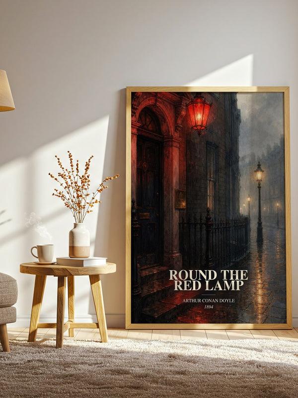 Round The Red Lamp watercolour print in frame leaning in hallway – mystery wall art