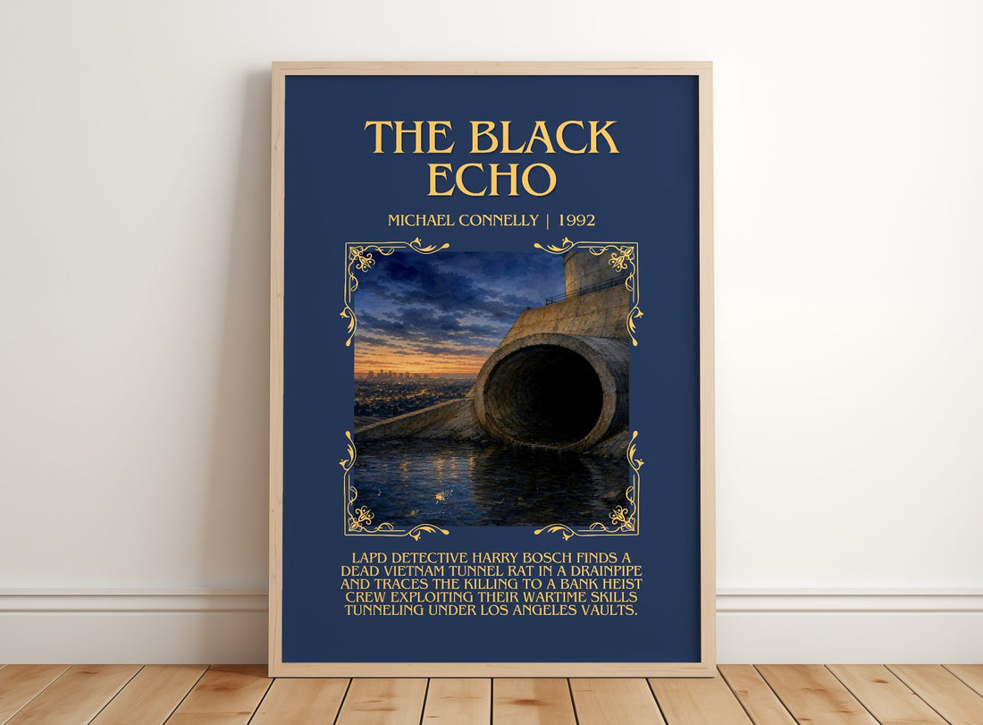 The Black Echo Minimalist Book Poster by Michael Connelly – framed print leaning on a wooden floor