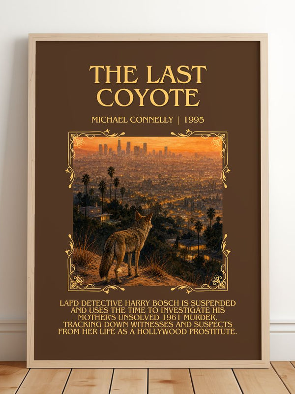 The Last Coyote Minimalist Book Poster by Michael Connelly – framed print leaning on a wooden floor