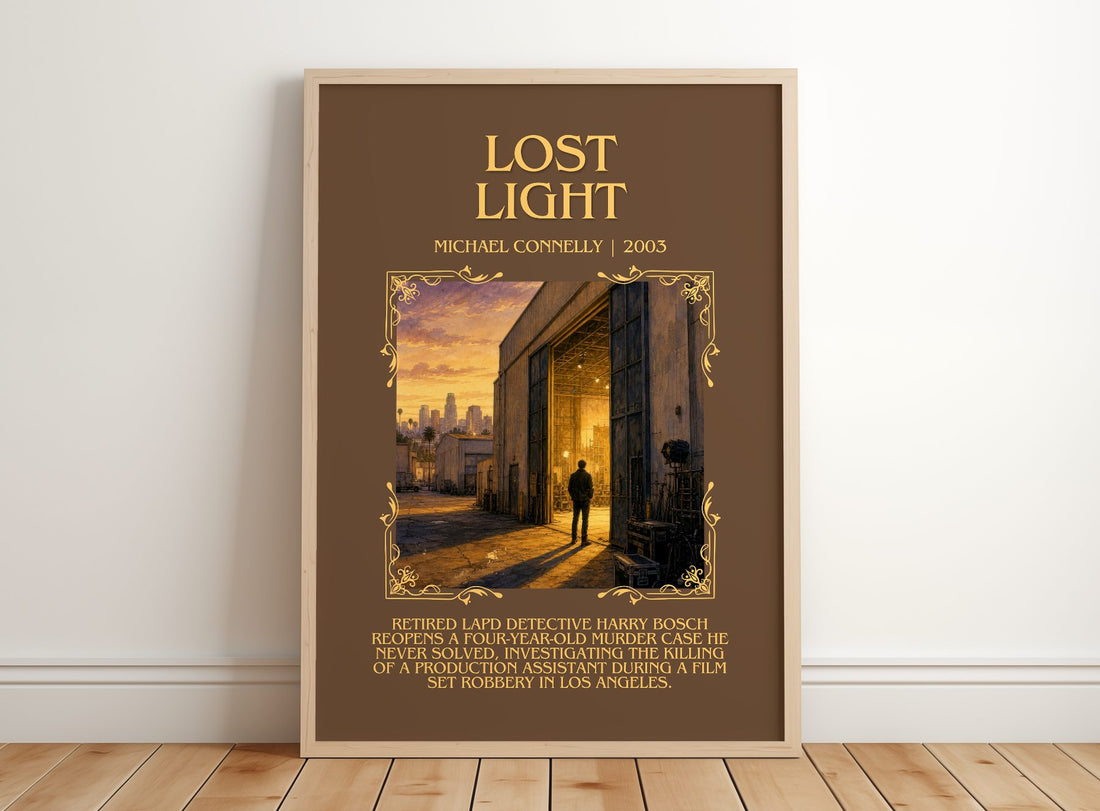 Lost Light Minimalist Book Poster by Michael Connelly – framed print leaning on a wooden floor