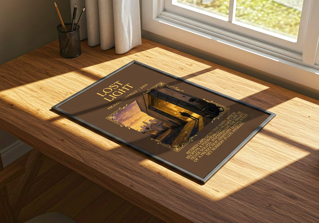 Lost Light Minimalist Book Poster by Michael Connelly – print on a sunlit desk