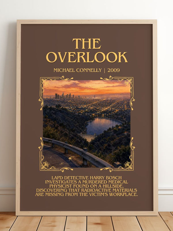 The Overlook Minimalist Book Poster by Michael Connelly – framed print leaning on a wooden floor