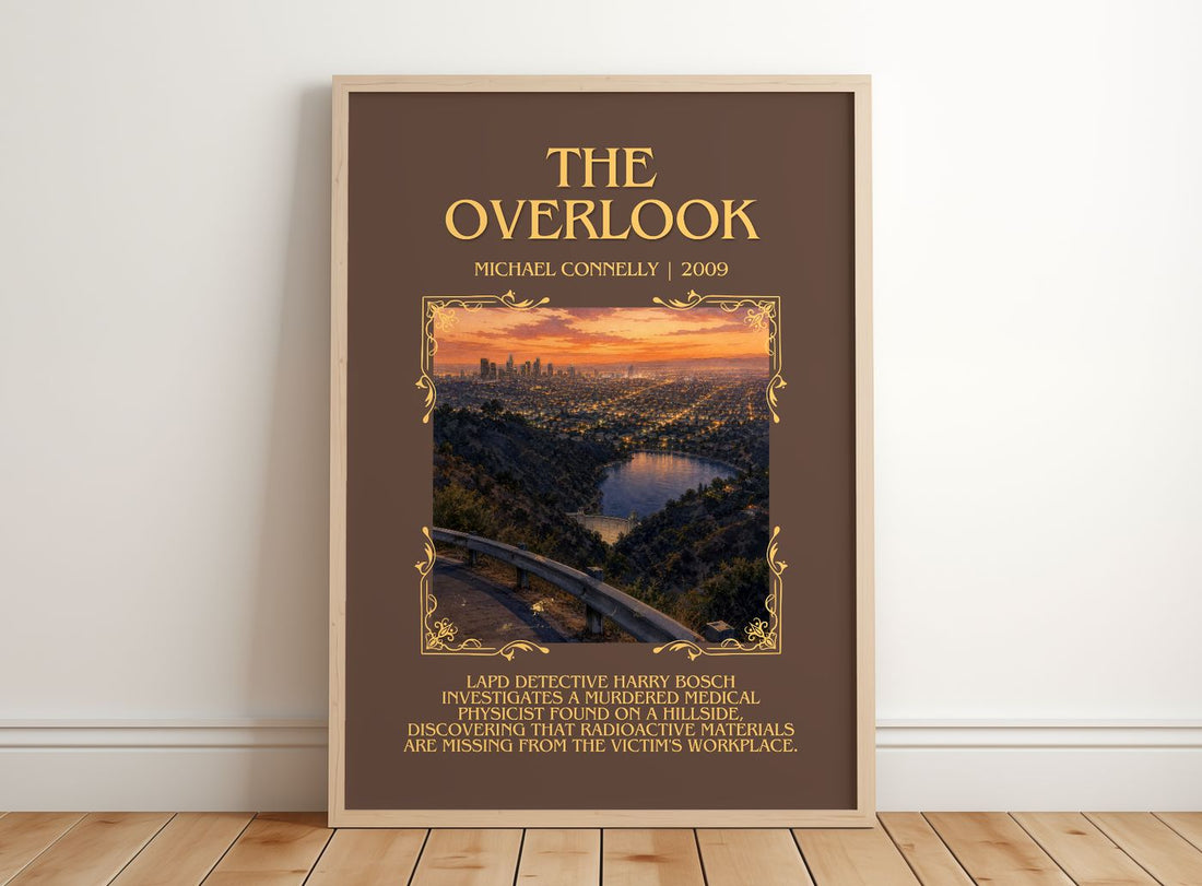 The Overlook Minimalist Book Poster by Michael Connelly – framed print leaning on a wooden floor