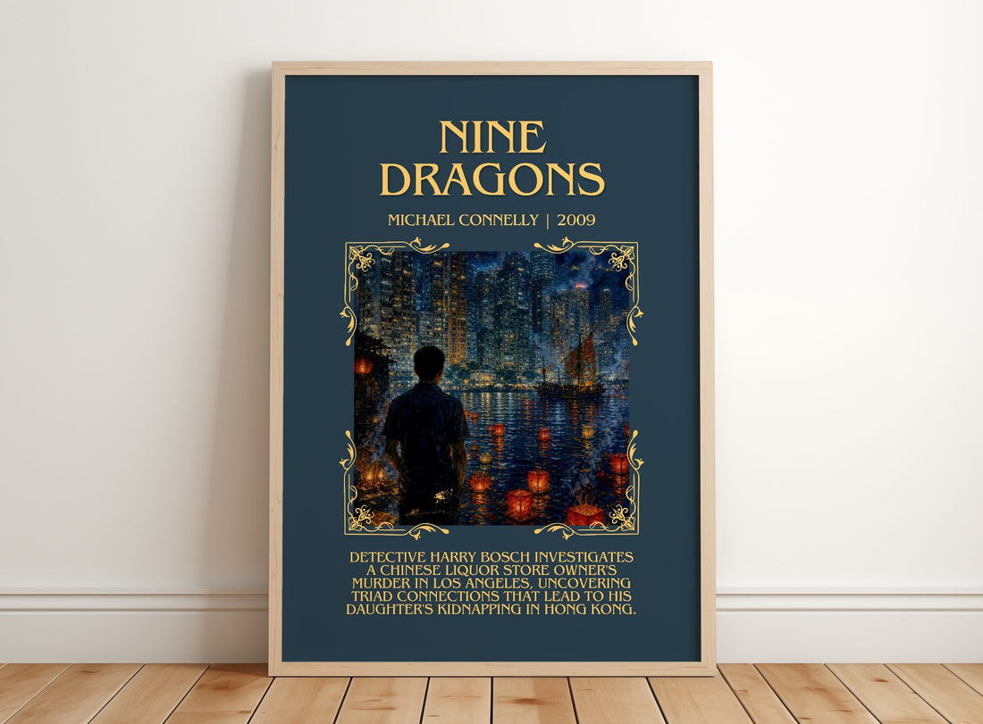 Nine Dragons Minimalist Book Poster by Michael Connelly – framed print leaning on a wooden floor