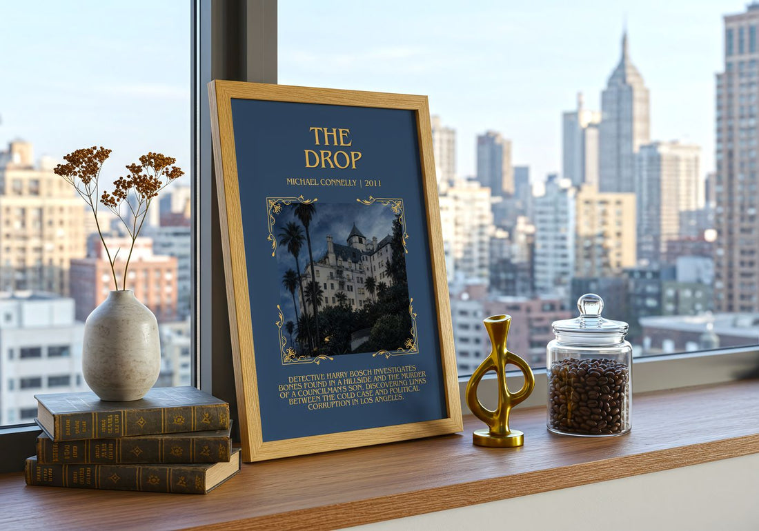 The Drop Minimalist Book Poster by Michael Connelly – framed print on a city-view windowsill