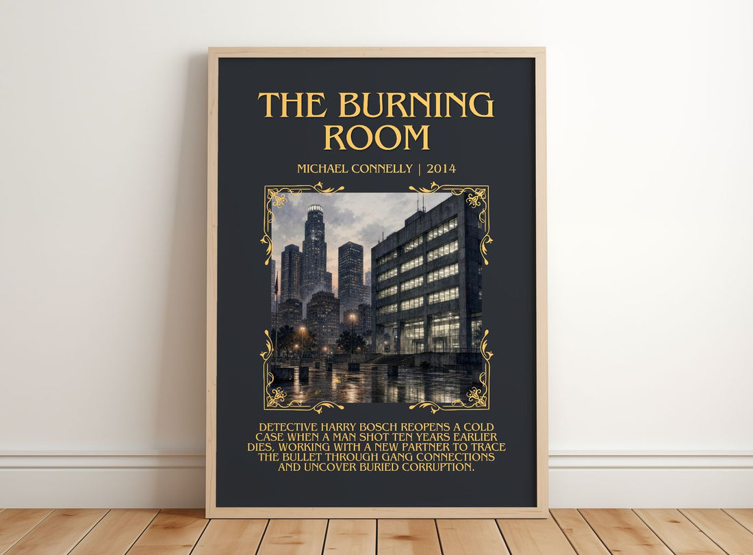 The Burning Room Minimalist Book Poster by Michael Connelly – framed print leaning on a wooden floor