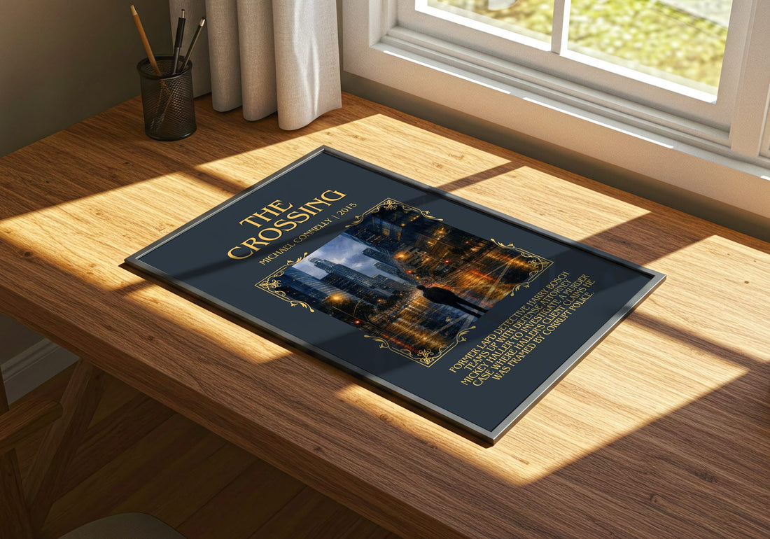The Crossing Minimalist Book Poster by Michael Connelly – print on a sunlit desk