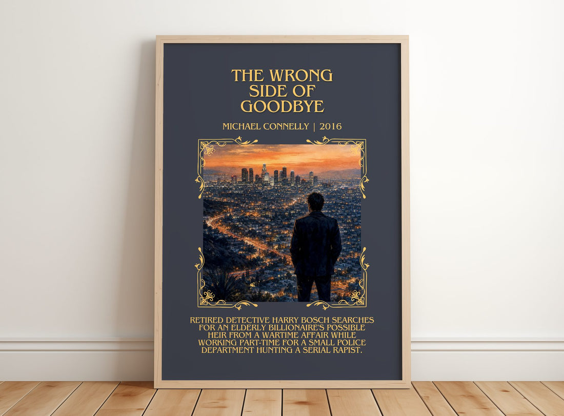 The Wrong Side of Goodbye Minimalist Book Poster by Michael Connelly – framed print leaning on a wooden floor