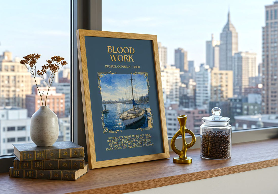 Blood Work Minimalist Book Poster by Michael Connelly – framed print on a city-view windowsill