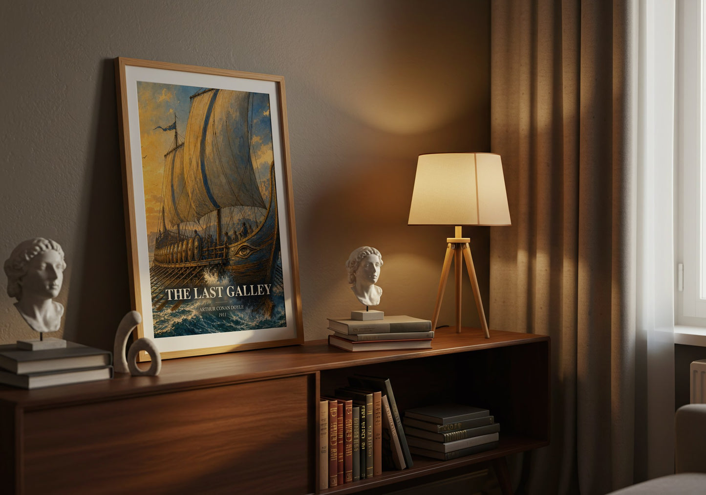 The Last Galley watercolour print on bookshelf – Arthur Conan Doyle fan gift