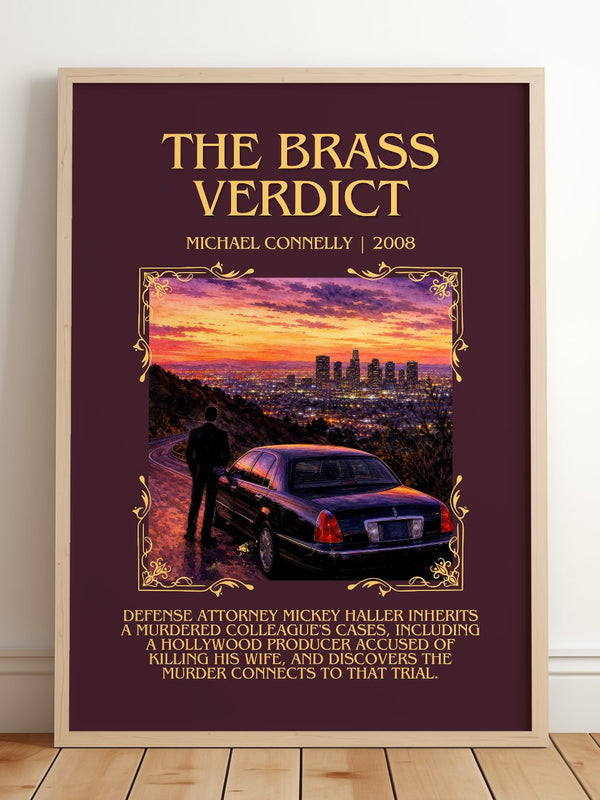 The Brass Verdict Minimalist Book Poster by Michael Connelly – framed print leaning on a wooden floor