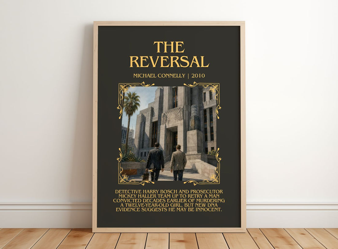 The Reversal Minimalist Book Poster by Michael Connelly – framed print leaning on a wooden floor