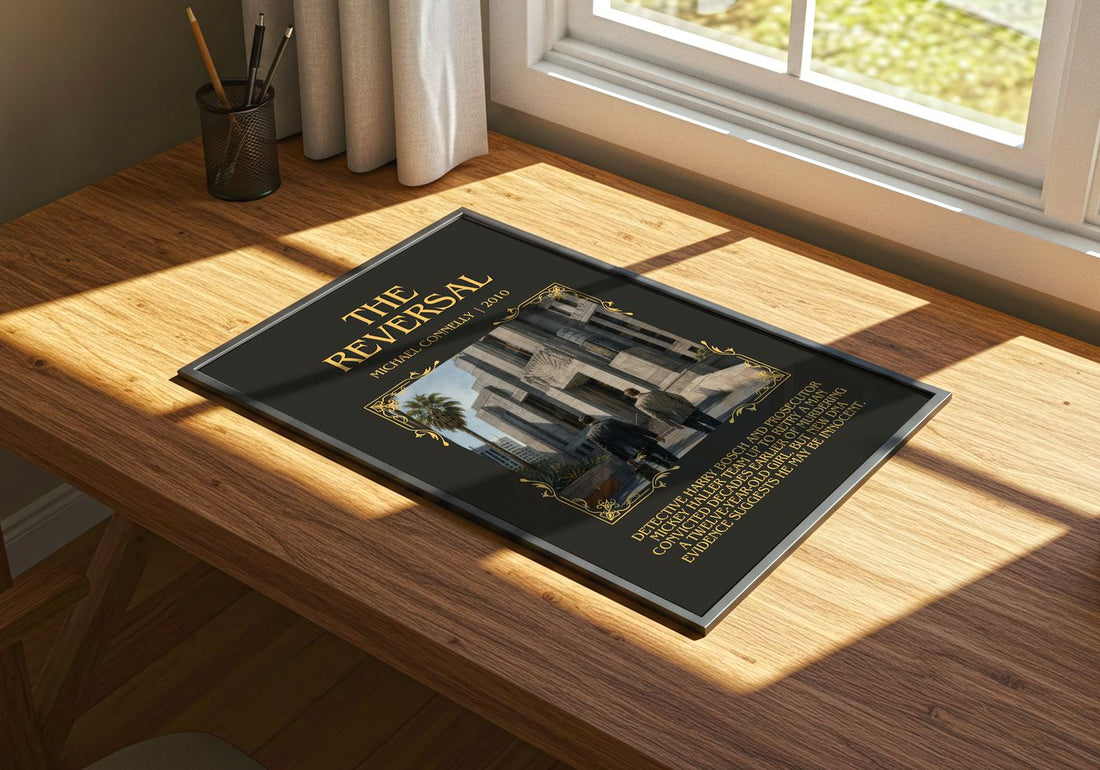 The Reversal Minimalist Book Poster by Michael Connelly – print on a sunlit desk