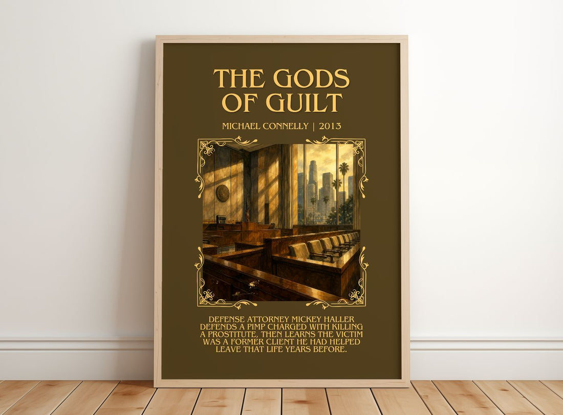 The Gods of Guilt Minimalist Book Poster by Michael Connelly – framed print leaning on a wooden floor