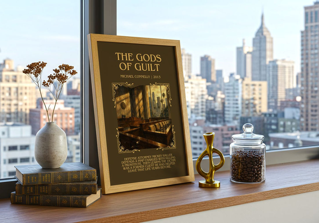 The Gods of Guilt Minimalist Book Poster by Michael Connelly – framed print on a city-view windowsill