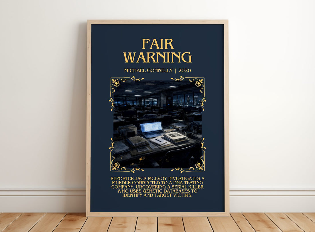 Fair Warning Minimalist Book Poster by Michael Connelly – framed print leaning on a wooden floor