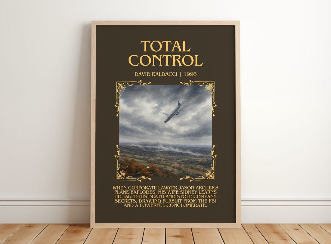 Total Control Minimalist Book Poster by David Baldacci – framed print leaning on a wooden floor