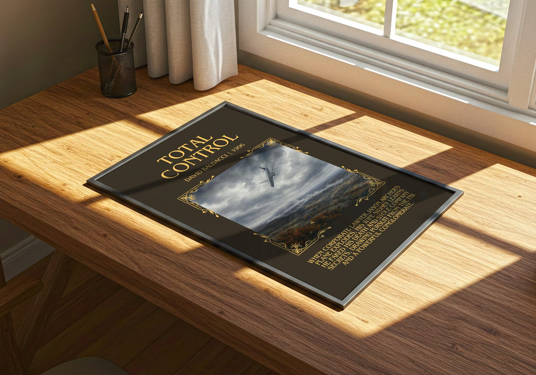 Total Control Minimalist Book Poster by David Baldacci – print on a sunlit desk