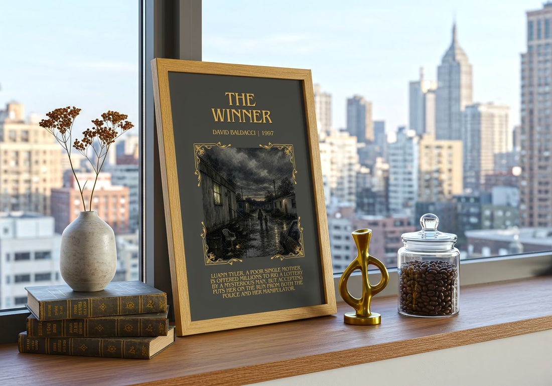 The Winner Minimalist Book Poster by David Baldacci – framed print on a city-view windowsill