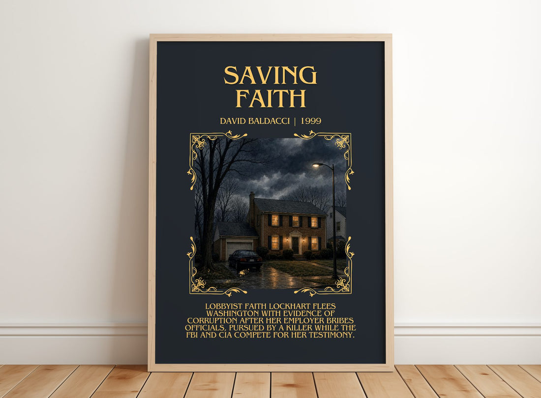 Saving Faith Minimalist Book Poster by David Baldacci – framed print leaning on a wooden floor