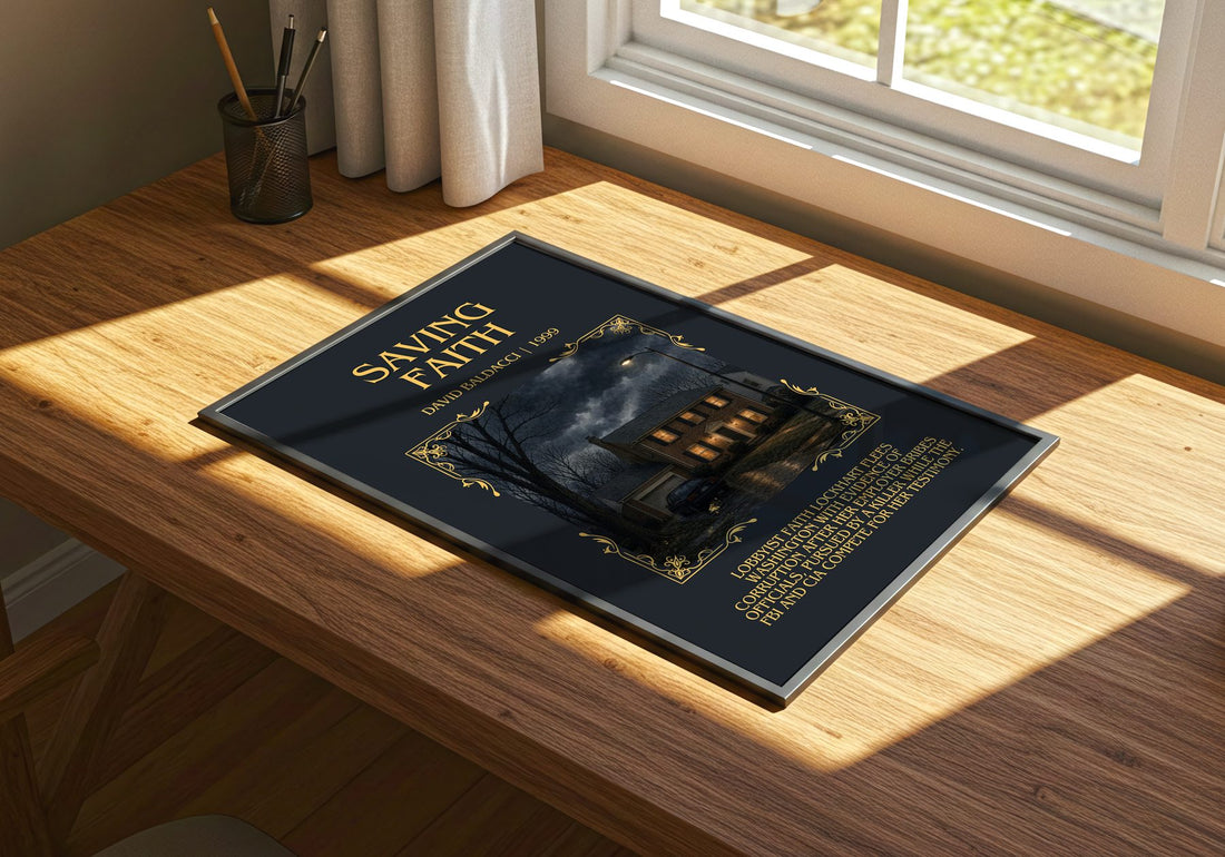 Saving Faith Minimalist Book Poster by David Baldacci – print on a sunlit desk