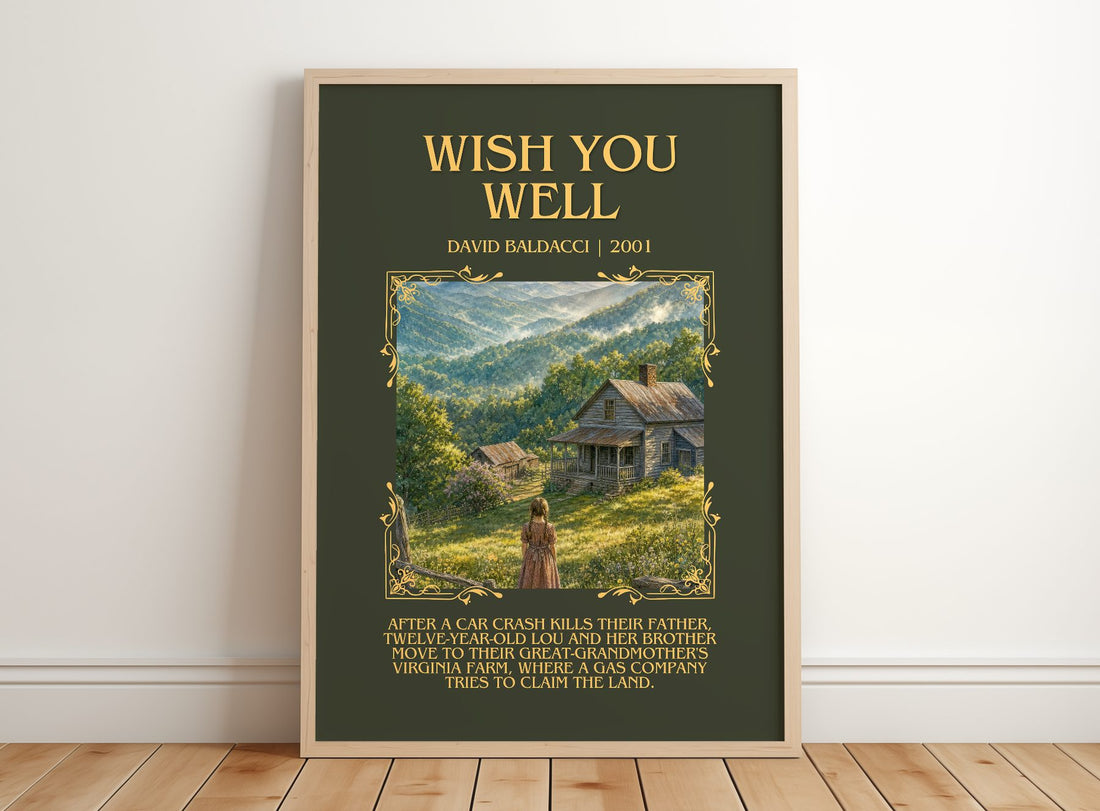 Wish You Well Minimalist Book Poster by David Baldacci – framed print leaning on a wooden floor