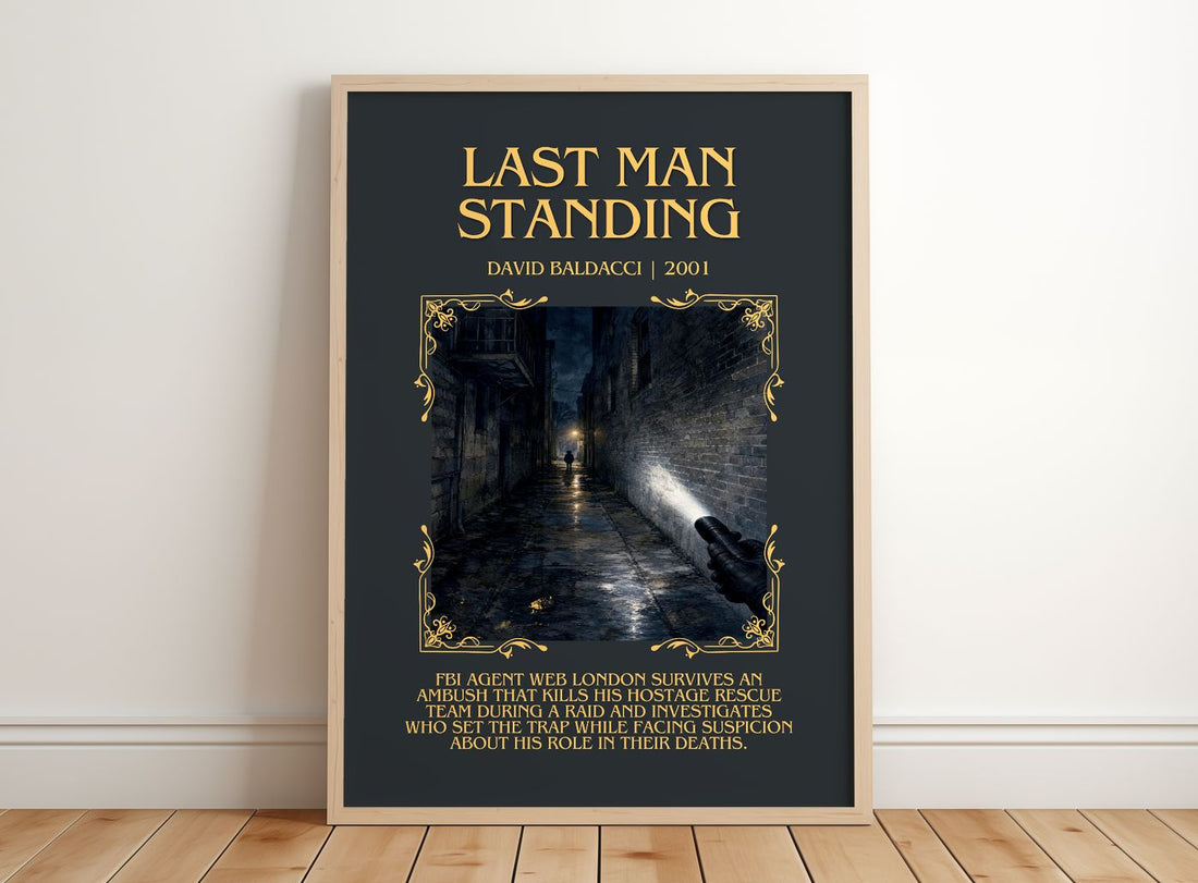 Last Man Standing Minimalist Book Poster by David Baldacci – framed print leaning on a wooden floor