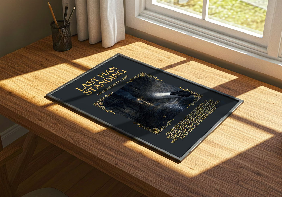 Last Man Standing Minimalist Book Poster by David Baldacci – print on a sunlit desk