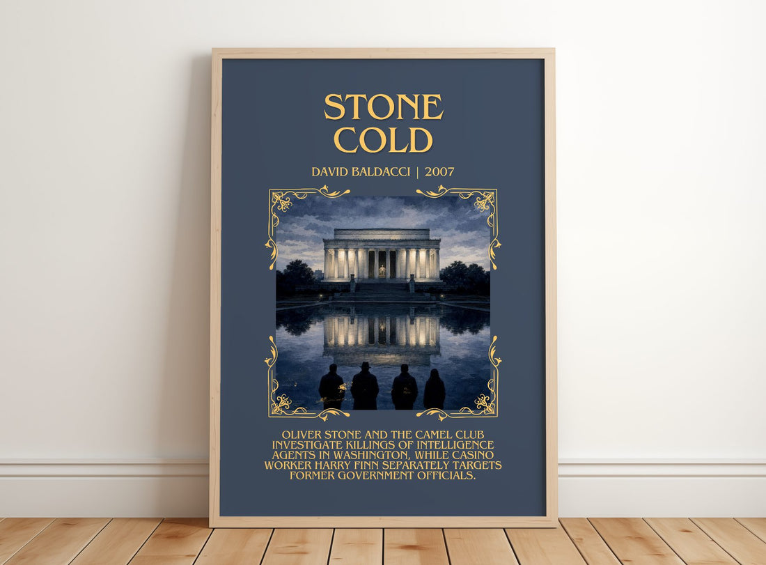 Stone Cold Minimalist Book Poster by David Baldacci – framed print leaning on a wooden floor