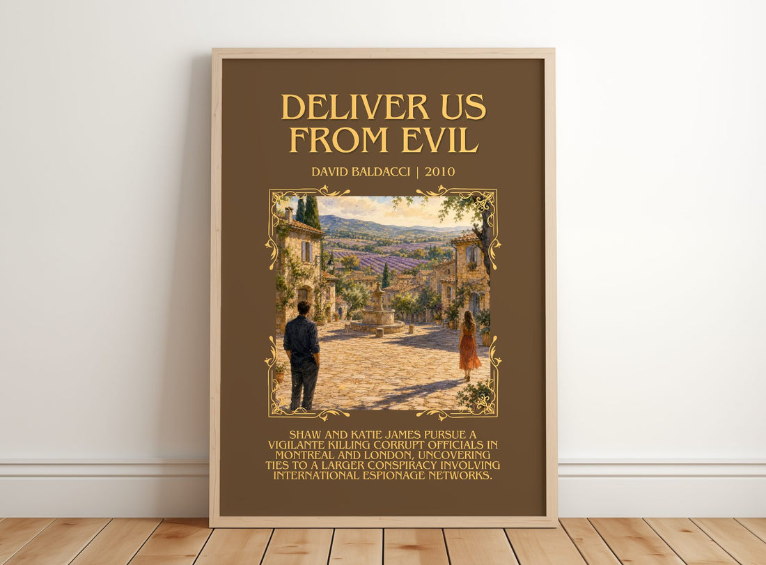 Deliver Us from Evil Minimalist Book Poster by David Baldacci – framed print leaning on a wooden floor