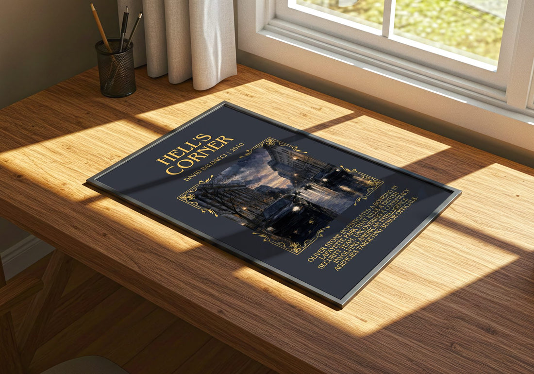 Hell's Corner Minimalist Book Poster by David Baldacci – print on a sunlit desk