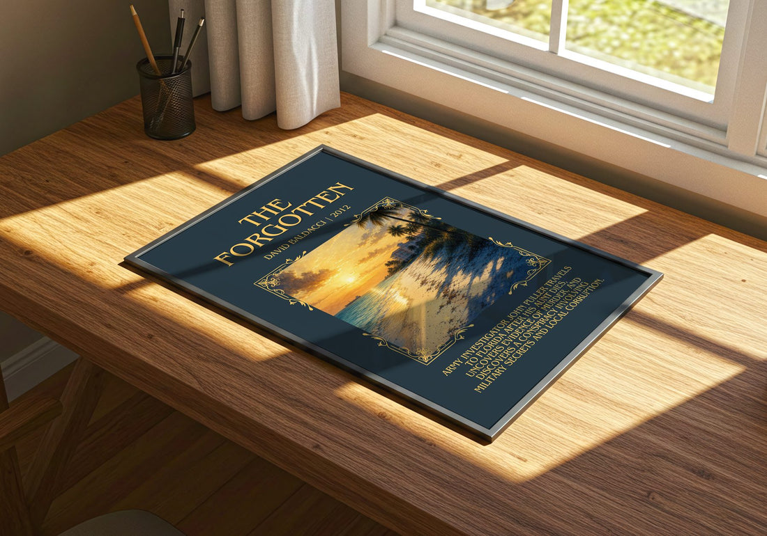 The Forgotten Minimalist Book Poster by David Baldacci – print on a sunlit desk
