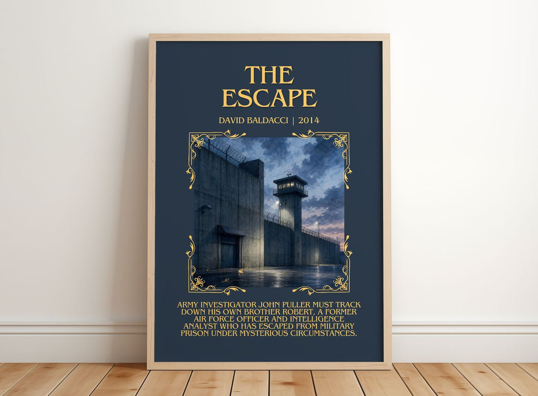 The Escape Minimalist Book Poster by David Baldacci – framed print leaning on a wooden floor