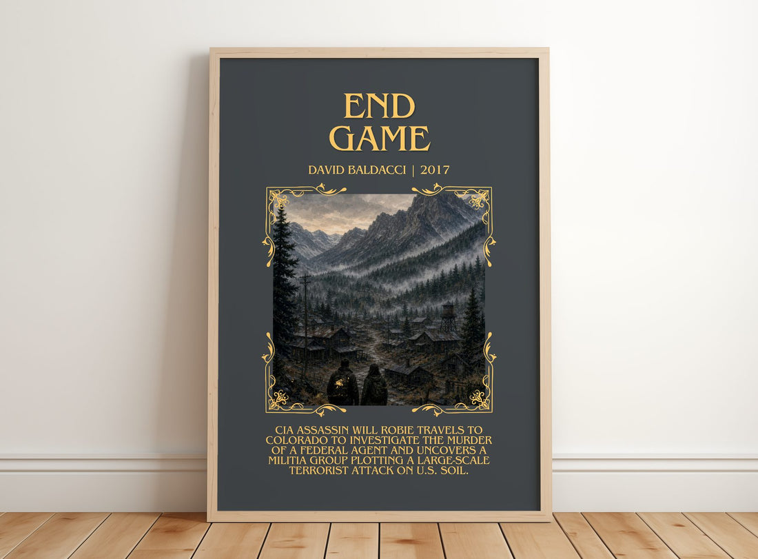 End Game Minimalist Book Poster by David Baldacci – framed print leaning on a wooden floor