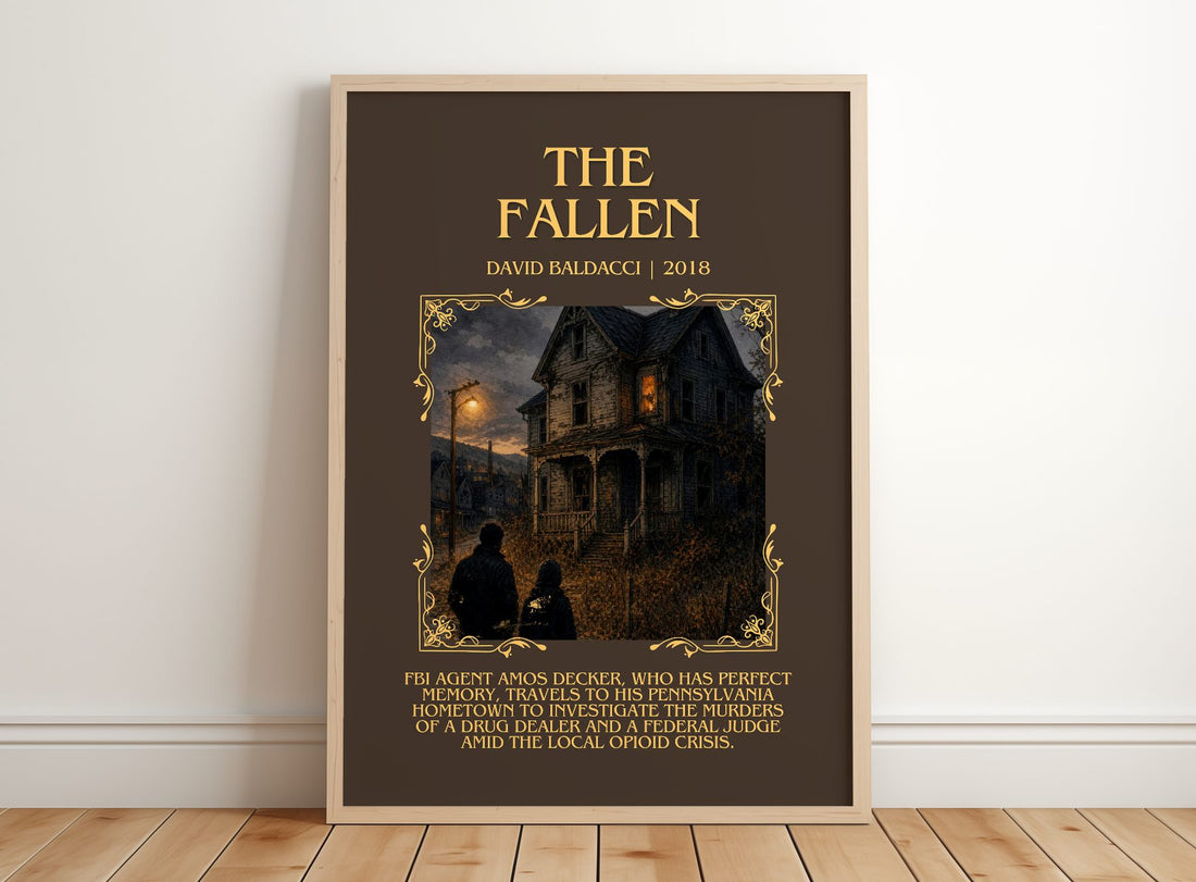 The Fallen Minimalist Book Poster by David Baldacci – framed print leaning on a wooden floor