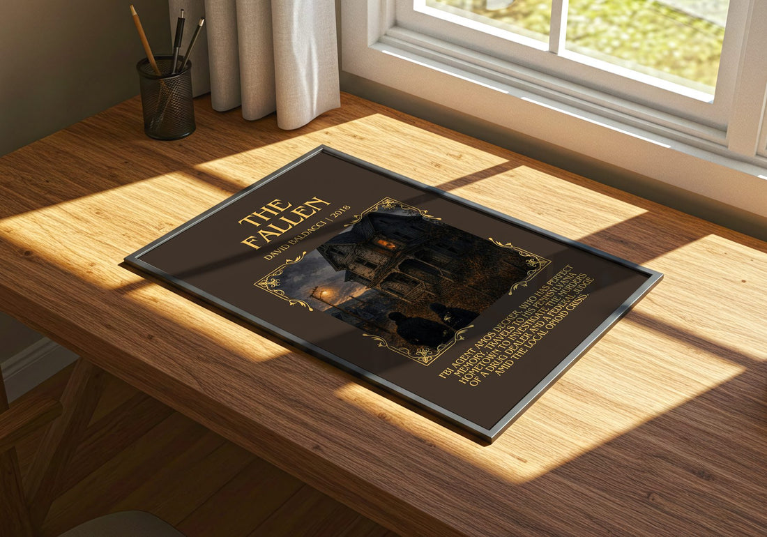 The Fallen Minimalist Book Poster by David Baldacci – print on a sunlit desk
