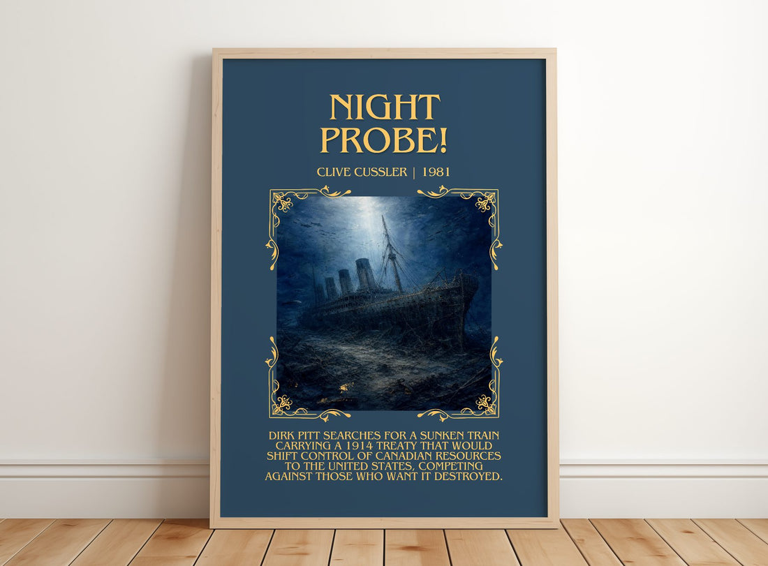 Night Probe! Minimalist Book Poster by Clive Cussler – framed print leaning on a wooden floor