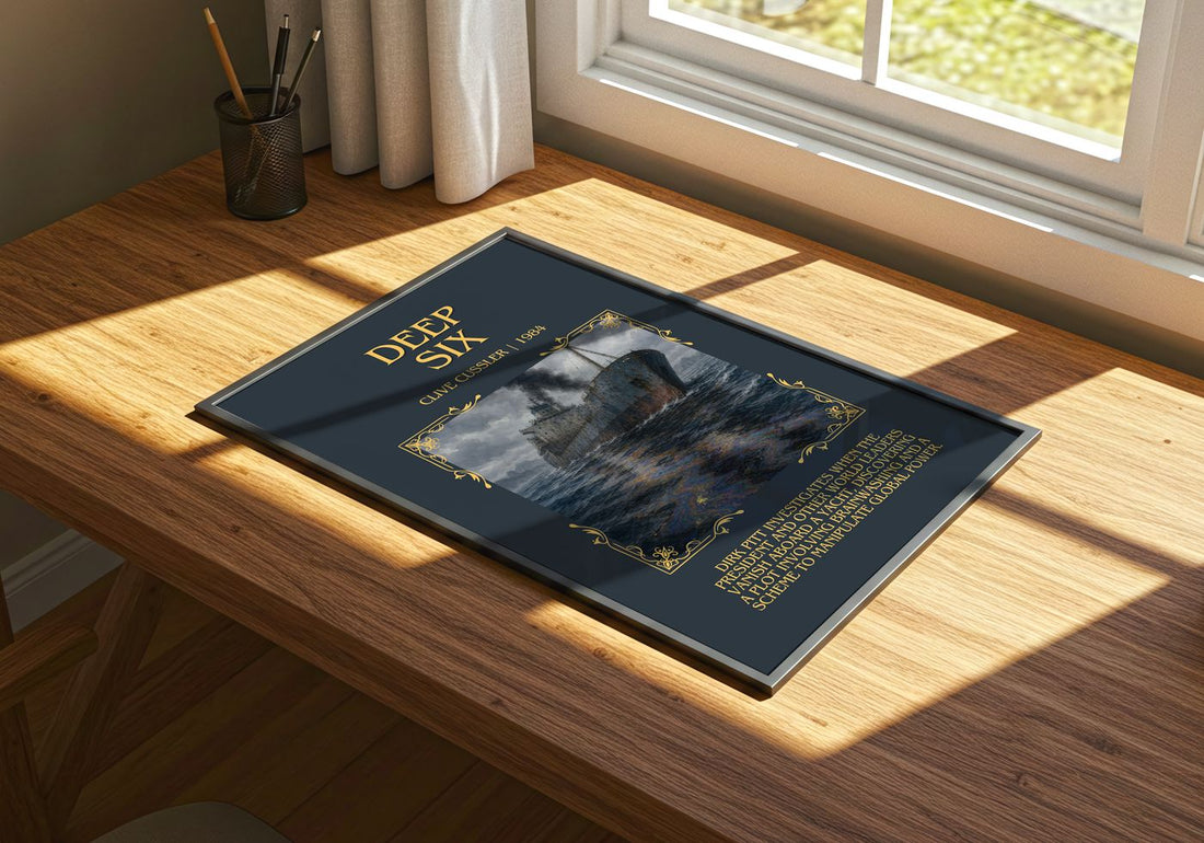 Deep Six Minimalist Book Poster by Clive Cussler – print on a sunlit desk